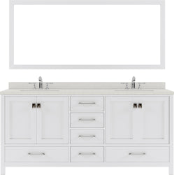 Virtu USA Caroline Avenue 72" Double Bath Vanity in White with White Quartz Top and Square Sinks with Polished Chrome Faucets with Matching Mirror - Luxe Bathroom Vanities