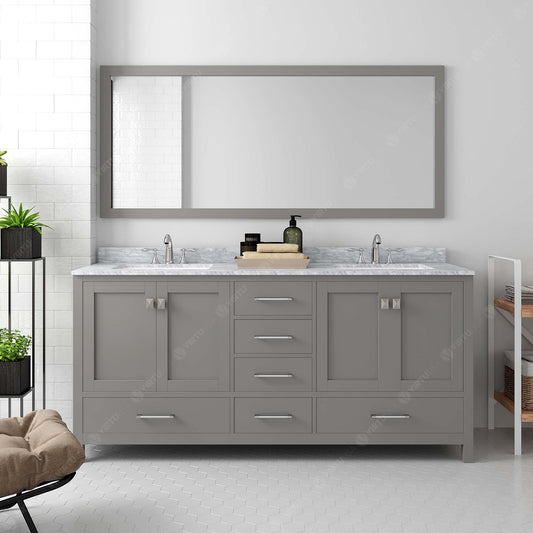 Virtu USA Caroline Avenue 72" Double Bath Vanity in White with White Marble Top and Round Sinks with Matching Mirror - Luxe Bathroom Vanities