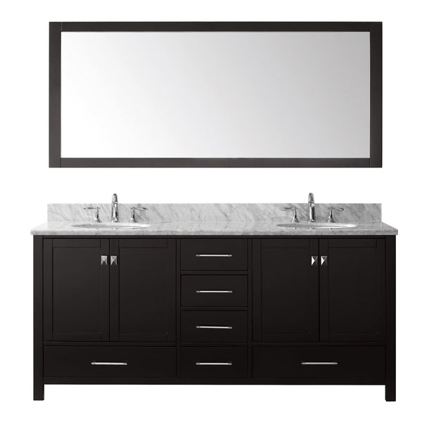 Virtu USA Caroline Avenue 72" Double Bath Vanity with Marble Top and Round Sink with Brushed Nickel Faucet and Mirror - Luxe Bathroom Vanities