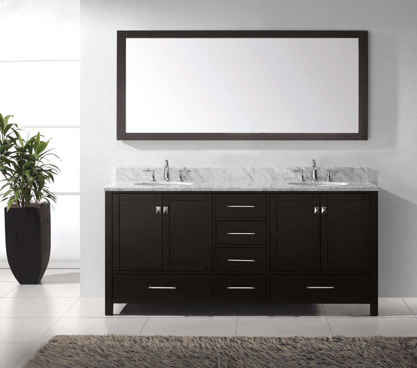 Virtu USA Caroline Avenue 72" Double Bath Vanity with Marble Top and Round Sink with Polished Chrome Faucet and Mirror - Luxe Bathroom Vanities