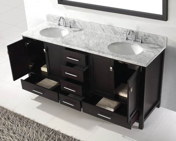 Virtu USA Caroline Avenue 72" Double Bath Vanity with Marble Top and Round Sink with Polished Chrome Faucet and Mirror - Luxe Bathroom Vanities