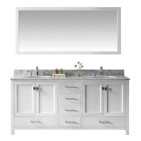 Virtu USA Caroline Avenue 72" Double Bath Vanity with Marble Top and Round Sink with Brushed Nickel Faucet and Mirror - Luxe Bathroom Vanities