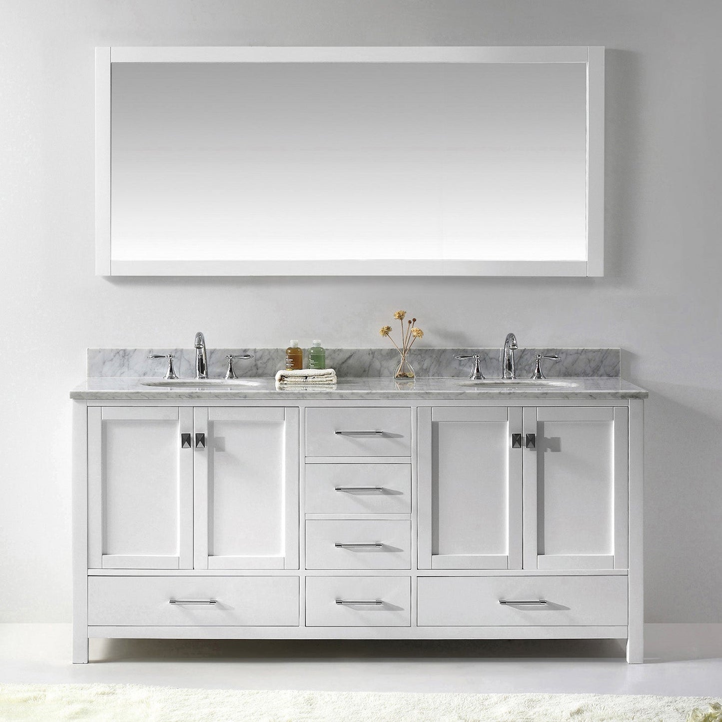 Virtu USA Caroline Avenue 72" Double Bath Vanity with Marble Top and Round Sink with Polished Chrome Faucet and Mirror - Luxe Bathroom Vanities