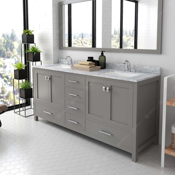 Virtu USA Caroline Avenue 72" Double Bath Vanity in White with White Marble Top and Square Sinks with Matching Mirror - Luxe Bathroom Vanities