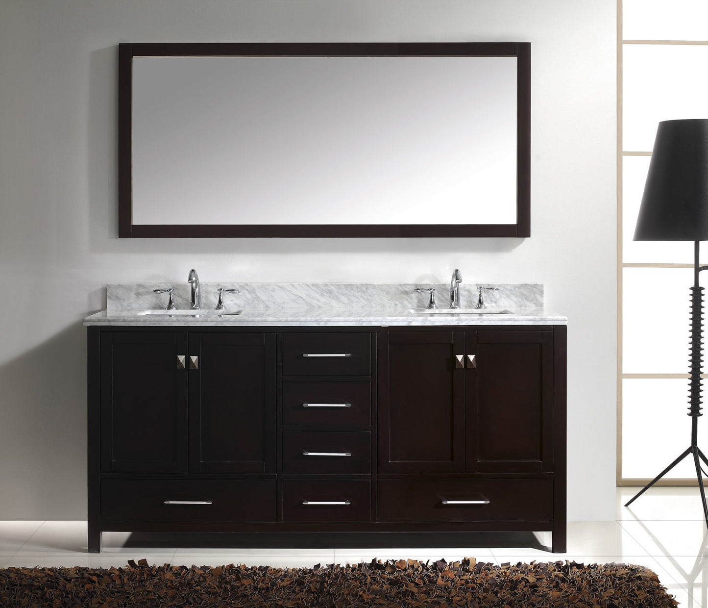 Virtu USA Caroline Avenue 72" Double Bath Vanity with Marble Top and Square Sink with Brushed Nickel Faucet and Mirror - Luxe Bathroom Vanities