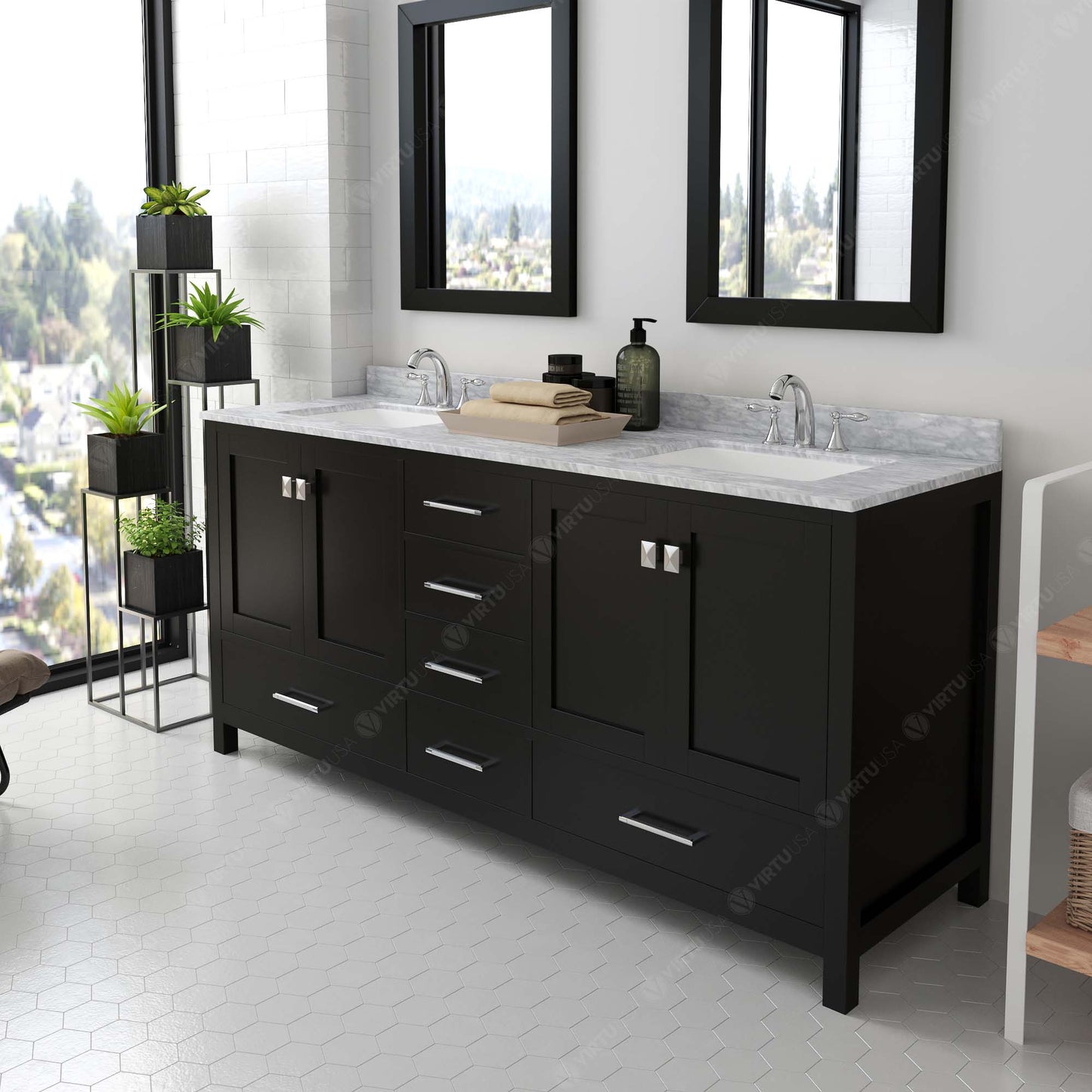 Virtu USA Caroline Avenue 72" Double Bath Vanity with Marble Top and Square Sink with Mirrors - Luxe Bathroom Vanities