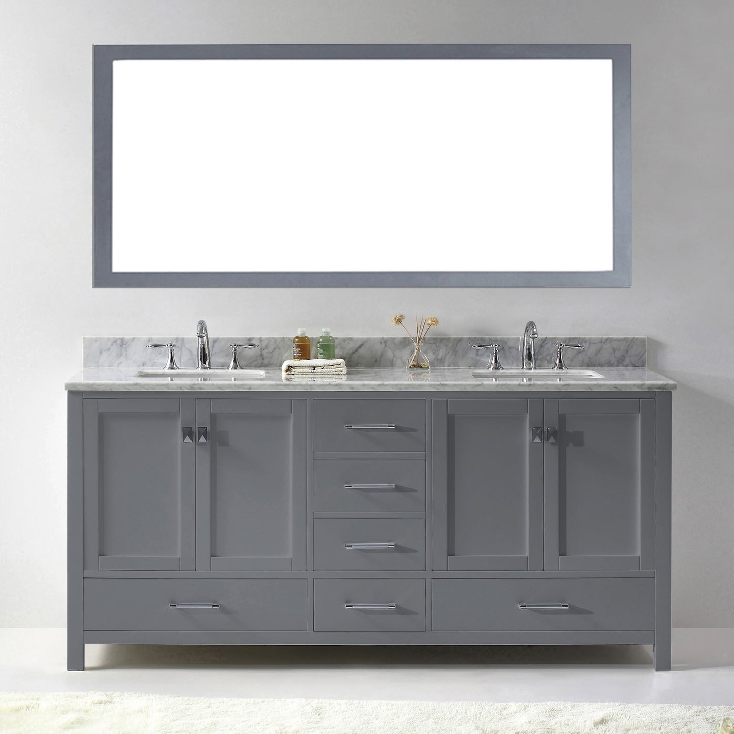 Virtu USA Caroline Avenue 72" Double Bath Vanity in White with White Marble Top and Square Sinks with Matching Mirror - Luxe Bathroom Vanities