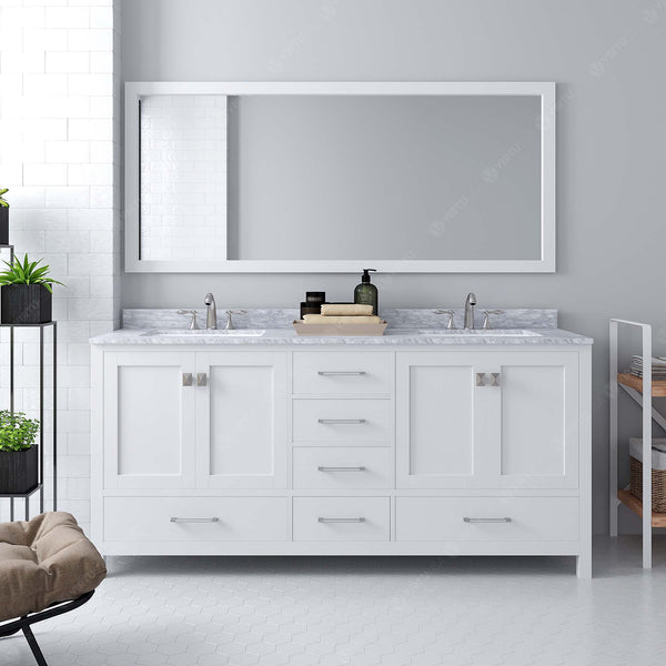 Virtu USA Caroline Avenue 72" Double Bath Vanity in White with White Marble Top and Square Sinks with Matching Mirror - Luxe Bathroom Vanities