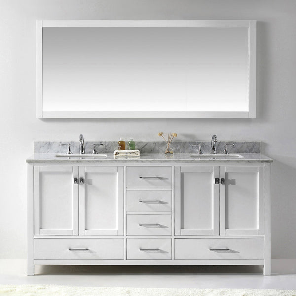 Virtu USA Caroline Avenue 72" Double Bath Vanity in White with White Marble Top and Square Sinks with Matching Mirror - Luxe Bathroom Vanities