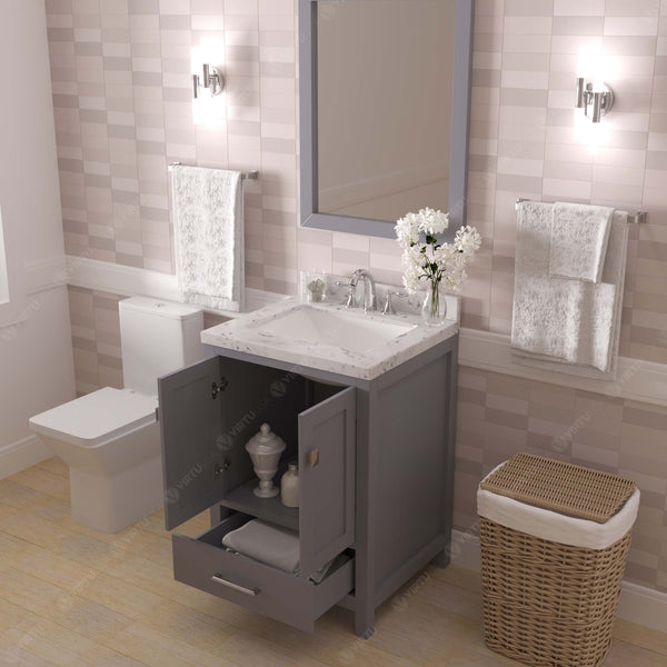 Virtu USA Caroline Avenue 24" Single Bath Vanity with White Quartz Top and Square Sink with Polished Chrome Faucet with Matching Mirror - Luxe Bathroom Vanities