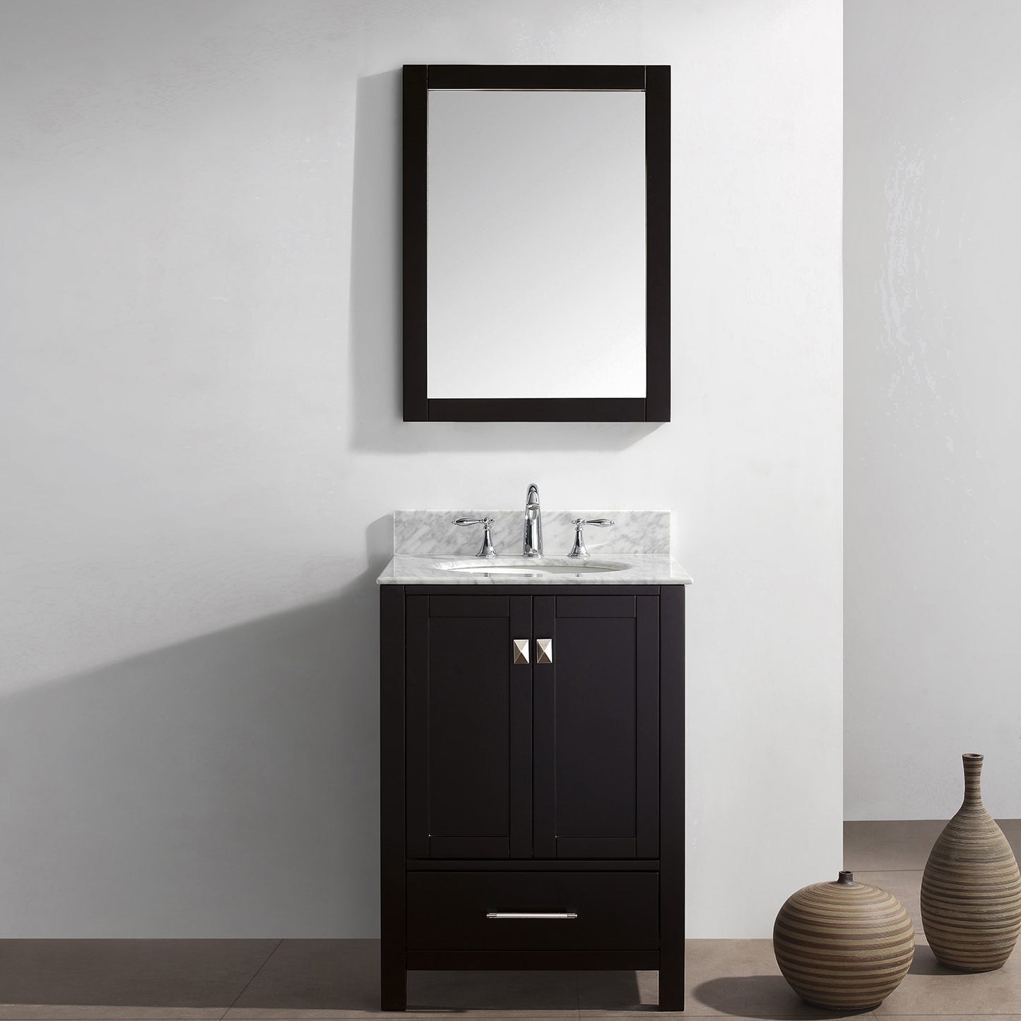 Virtu USA Caroline Avenue 24" Single Bath Vanity with Marble Top and Round Sink with Polished Chrome Faucet and Mirror - Luxe Bathroom Vanities Luxury Bathroom Fixtures Bathroom Furniture