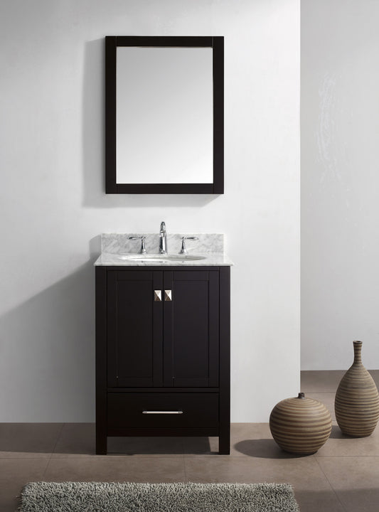 Virtu USA Caroline Avenue 24" Single Bath Vanity with Marble Top and Round Sink with Polished Chrome Faucet and Mirror - Luxe Bathroom Vanities Luxury Bathroom Fixtures Bathroom Furniture