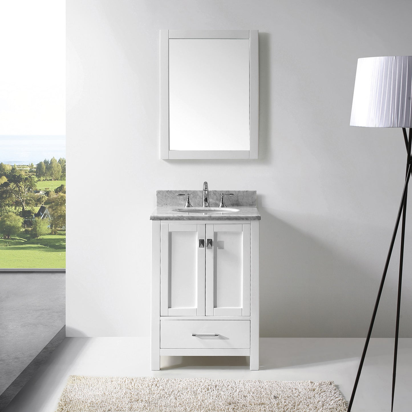 Virtu USA Caroline Avenue 24" Single Bath Vanity with Marble Top and Round Sink with Polished Chrome Faucet and Mirror - Luxe Bathroom Vanities Luxury Bathroom Fixtures Bathroom Furniture