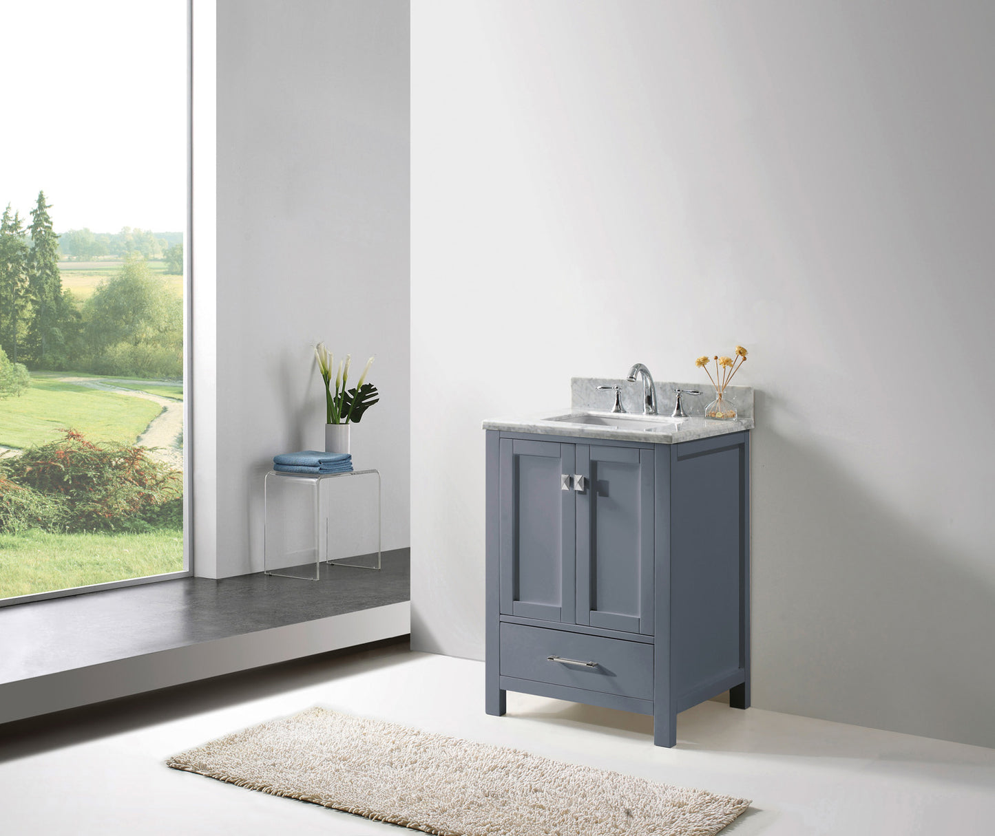 Virtu USA Caroline Avenue 24" Single Bath Vanity in White with White Marble Top and Square Sink with Polished Chrome Faucet - Luxe Bathroom Vanities