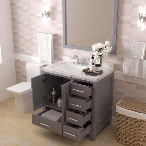 Virtu USA Caroline Avenue 36" Single Bath Vanity with White Quartz Top and Square Sink with Matching Mirror - Luxe Bathroom Vanities