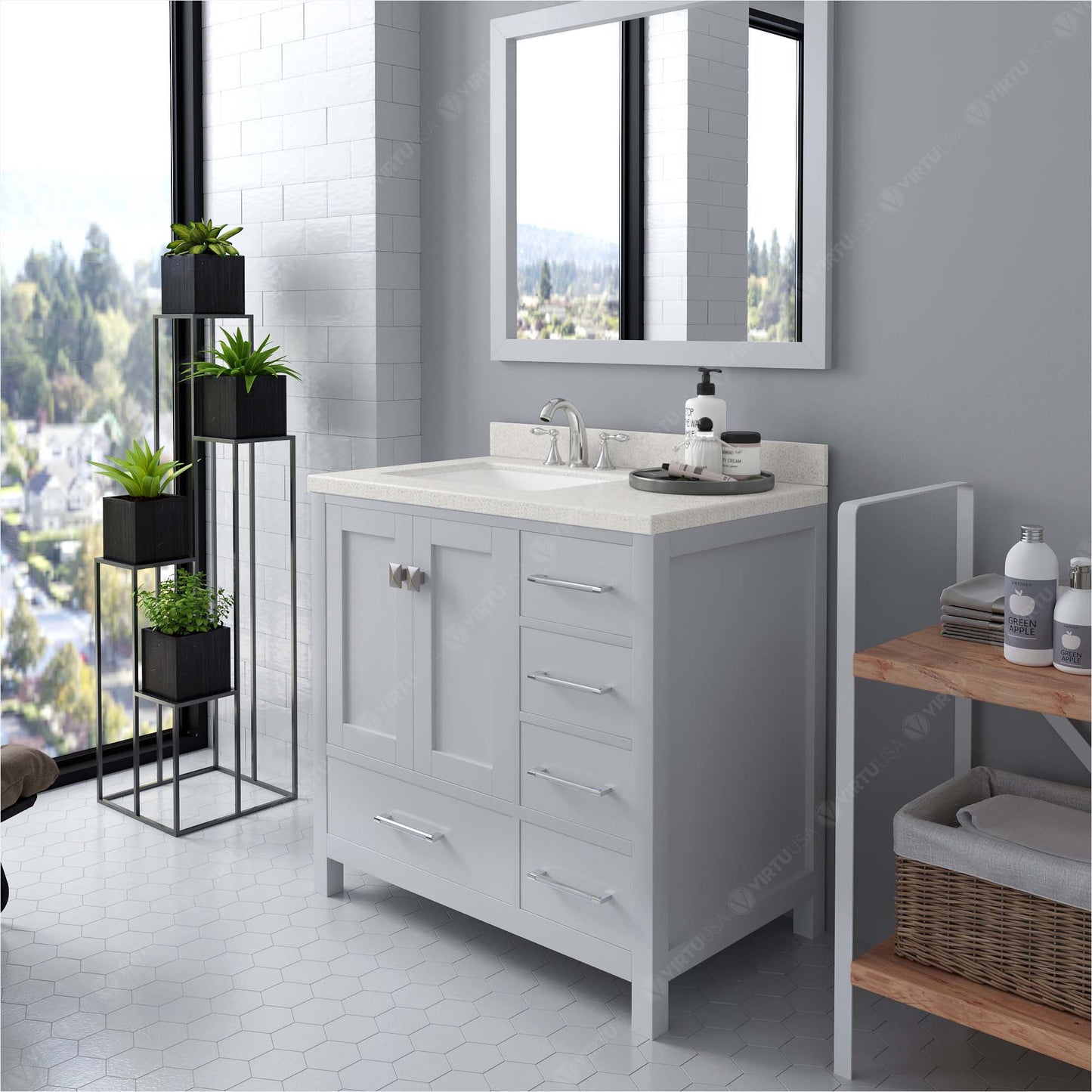 Virtu USA Caroline Avenue 36" Single Bath Vanity in White with White Quartz Top and Square Sink with Brushed Nickel Faucet with Matching Mirror - Luxe Bathroom Vanities