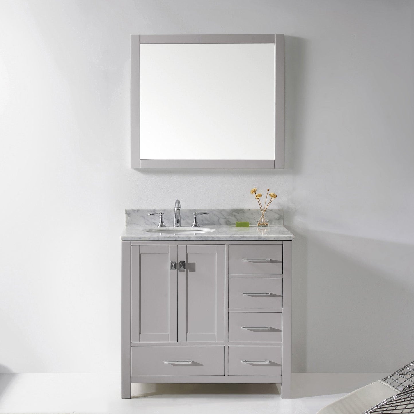 Virtu USA Caroline Avenue 36" Single Bath Vanity with Marble Top and Round Sink with Brushed Nickel Faucet and Mirror - Luxe Bathroom Vanities