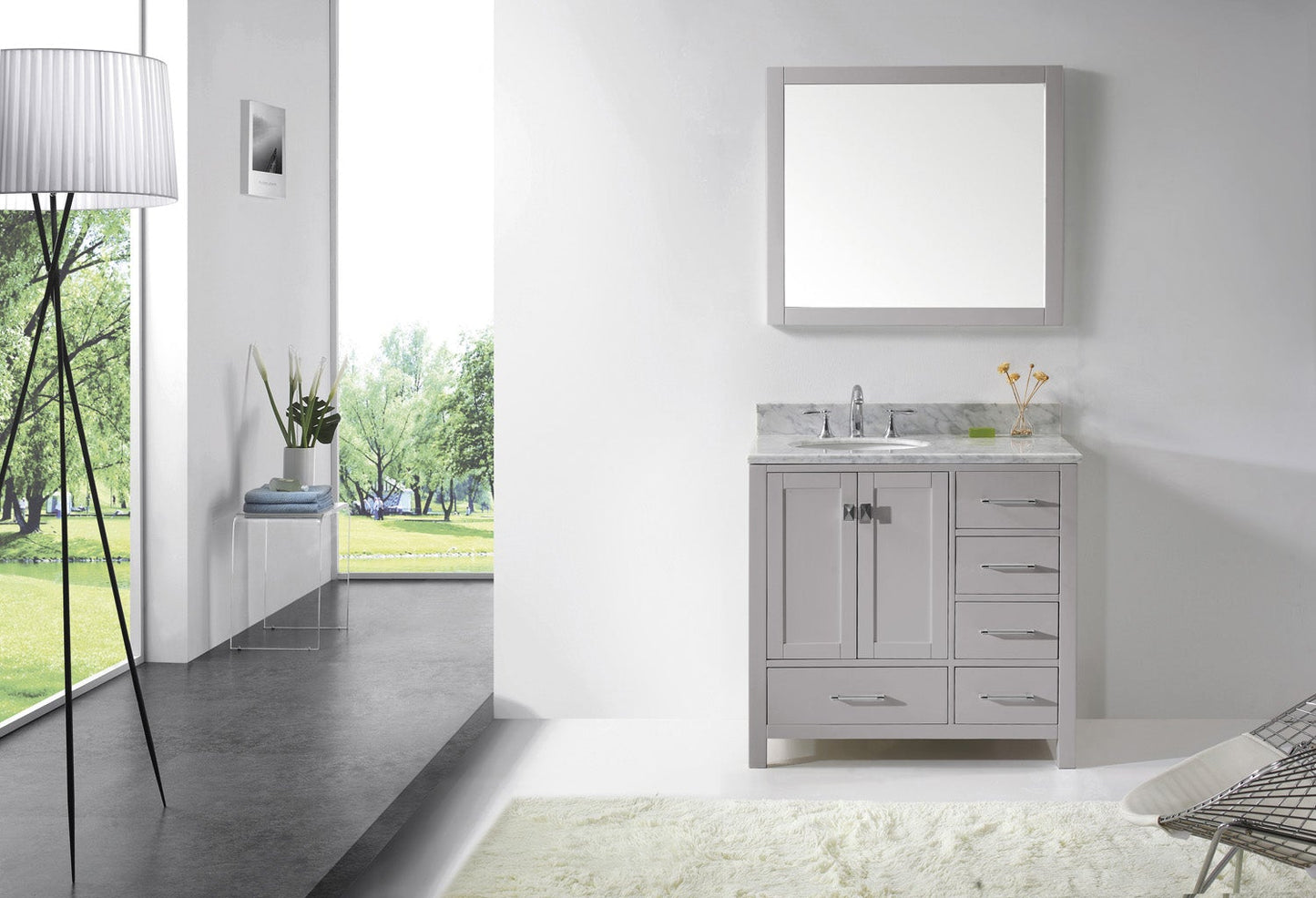 Virtu USA Caroline Avenue 36" Single Bath Vanity with Marble Top and Round Sink with Brushed Nickel Faucet and Mirror - Luxe Bathroom Vanities