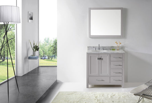 Virtu USA Caroline Avenue 36" Single Bath Vanity with Marble Top and Round Sink with Brushed Nickel Faucet and Mirror - Luxe Bathroom Vanities