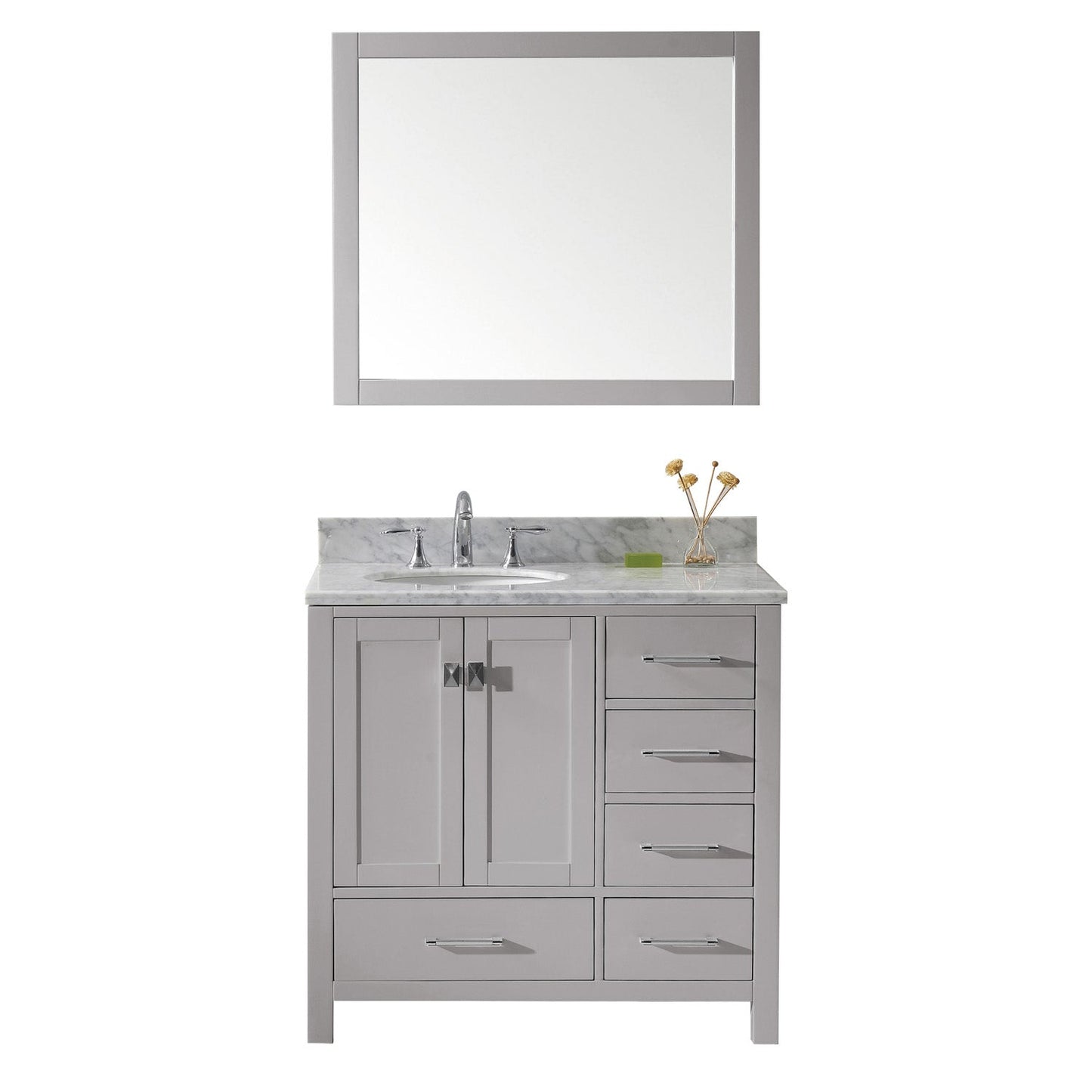 Virtu USA Caroline Avenue 36" Single Bath Vanity with Marble Top and Round Sink with Brushed Nickel Faucet and Mirror - Luxe Bathroom Vanities