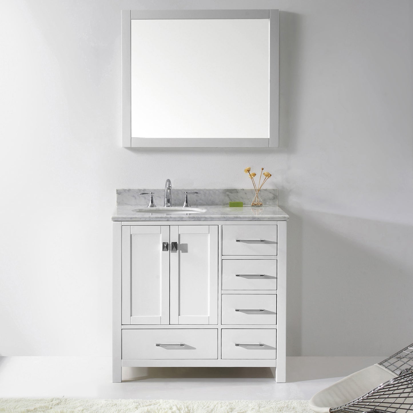 Virtu USA Caroline Avenue 36" Single Bath Vanity with Marble Top and Round Sink with Brushed Nickel Faucet and Mirror - Luxe Bathroom Vanities Luxury Bathroom Fixtures Bathroom Furniture