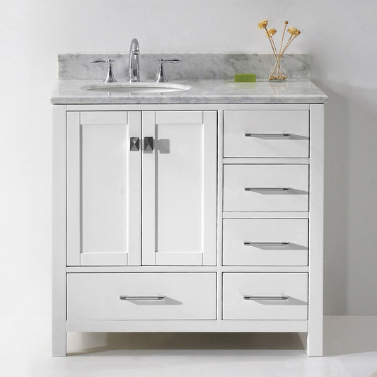 Virtu USA Caroline Avenue 36" Single Bath Vanity in White with Marble Top and Round Sink with Polished Chrome Faucet - Luxe Bathroom Vanities Luxury Bathroom Fixtures Bathroom Furniture