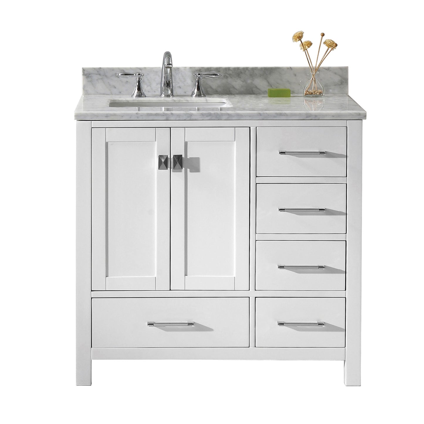 Virtu USA Caroline Avenue 36" Single Bath Vanity in White with Marble Top and Square Sink with Brushed Nickel Faucet - Luxe Bathroom Vanities Luxury Bathroom Fixtures Bathroom Furniture