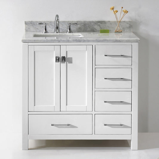 Virtu USA Caroline Avenue 36" Single Bath Vanity in White with Marble Top and Square Sink with Polished Chrome Faucet - Luxe Bathroom Vanities Luxury Bathroom Fixtures Bathroom Furniture