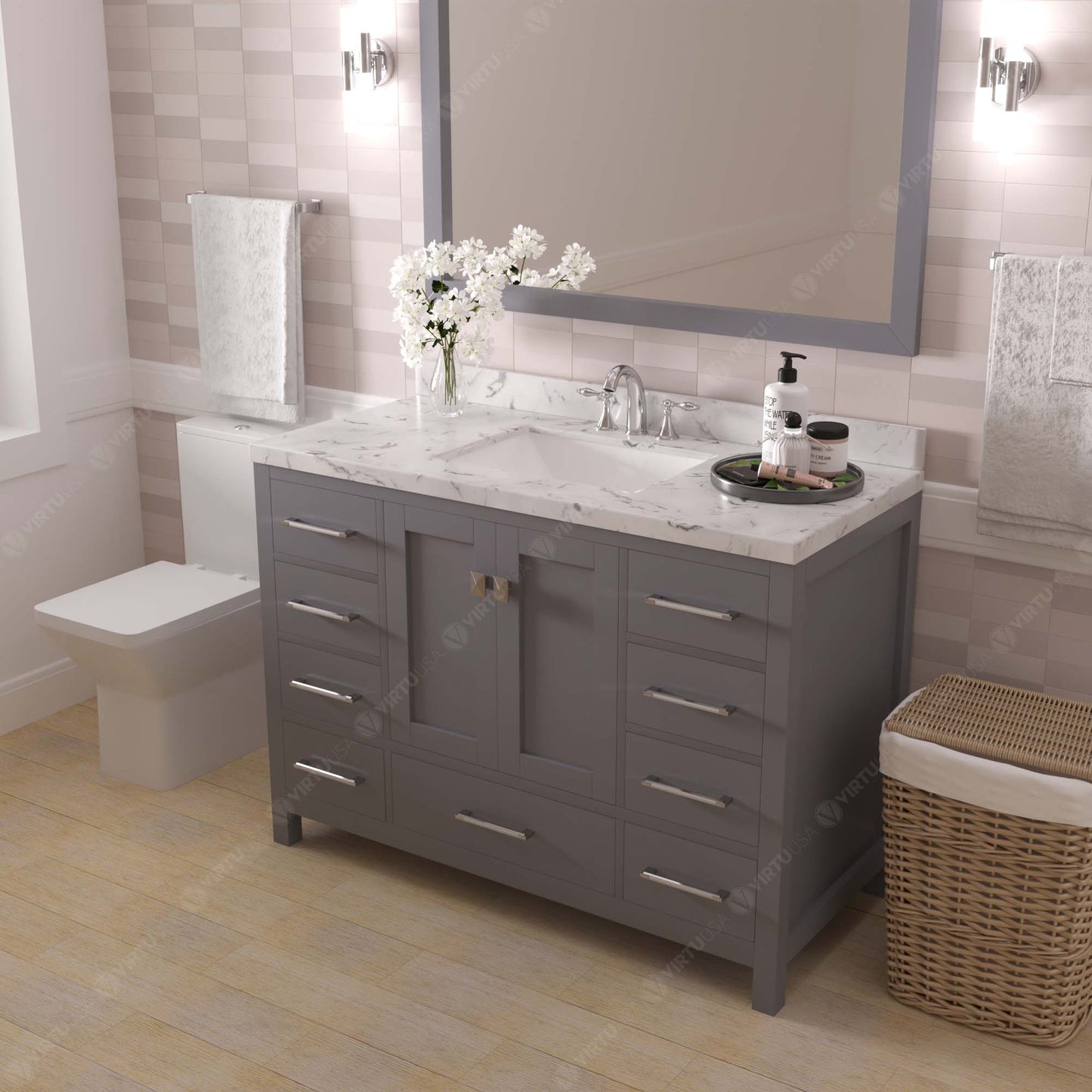 Virtu USA Caroline Avenue 48" Single Bath Vanity with White Quartz Top and Square Sink with Matching Mirror - Luxe Bathroom Vanities
