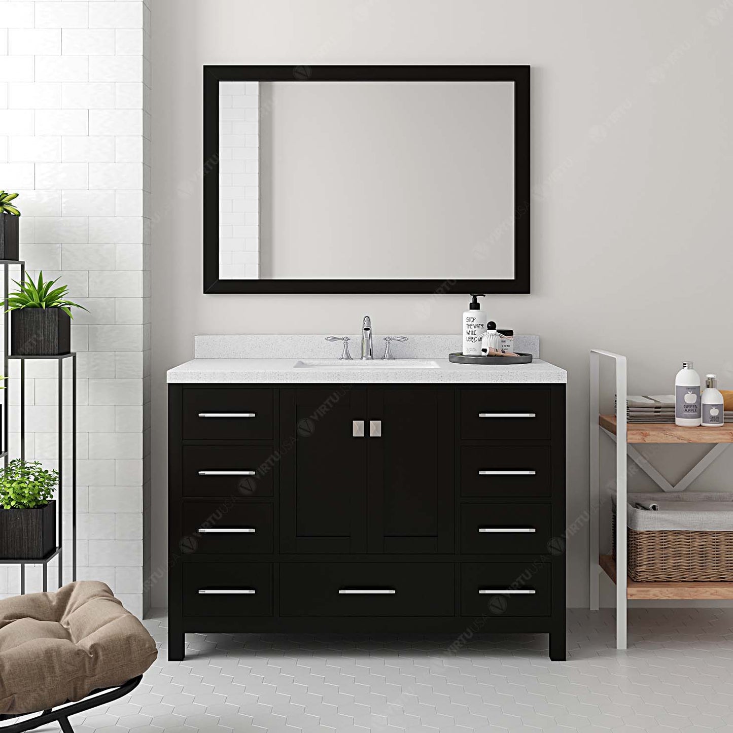 Virtu USA Caroline Avenue 48" Single Bath Vanity in Espresso with Dazzle White Top and Square Sink with Polished Chrome Faucet and Mirror - Luxe Bathroom Vanities Luxury Bathroom Fixtures Bathroom Furniture