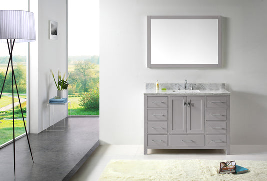 Virtu USA Caroline Avenue 48" Single Bath Vanity in Cashmere Grey with Marble Top and Square Sink with Polished Chrome Faucet and Mirror - Luxe Bathroom Vanities Luxury Bathroom Fixtures Bathroom Furniture