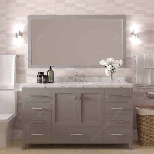Virtu USA Caroline Avenue 60" Single Bath Vanity with White Quartz Top and Round Sink with Brushed Nickel Faucet with Matching Mirror - Luxe Bathroom Vanities