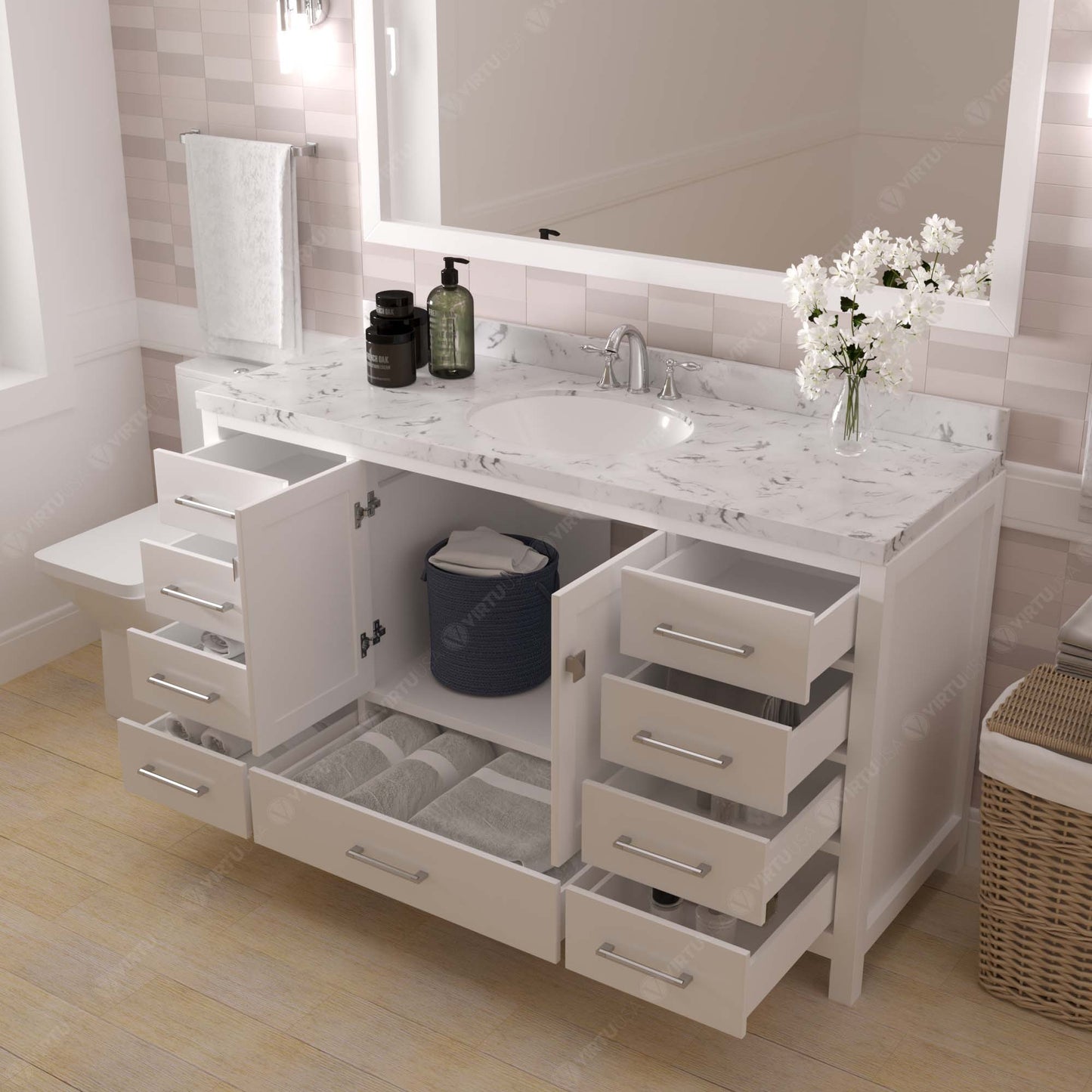 Virtu USA Caroline Avenue 60" Single Bath Vanity with White Quartz Top and Round Sink with Matching Mirror - Luxe Bathroom Vanities