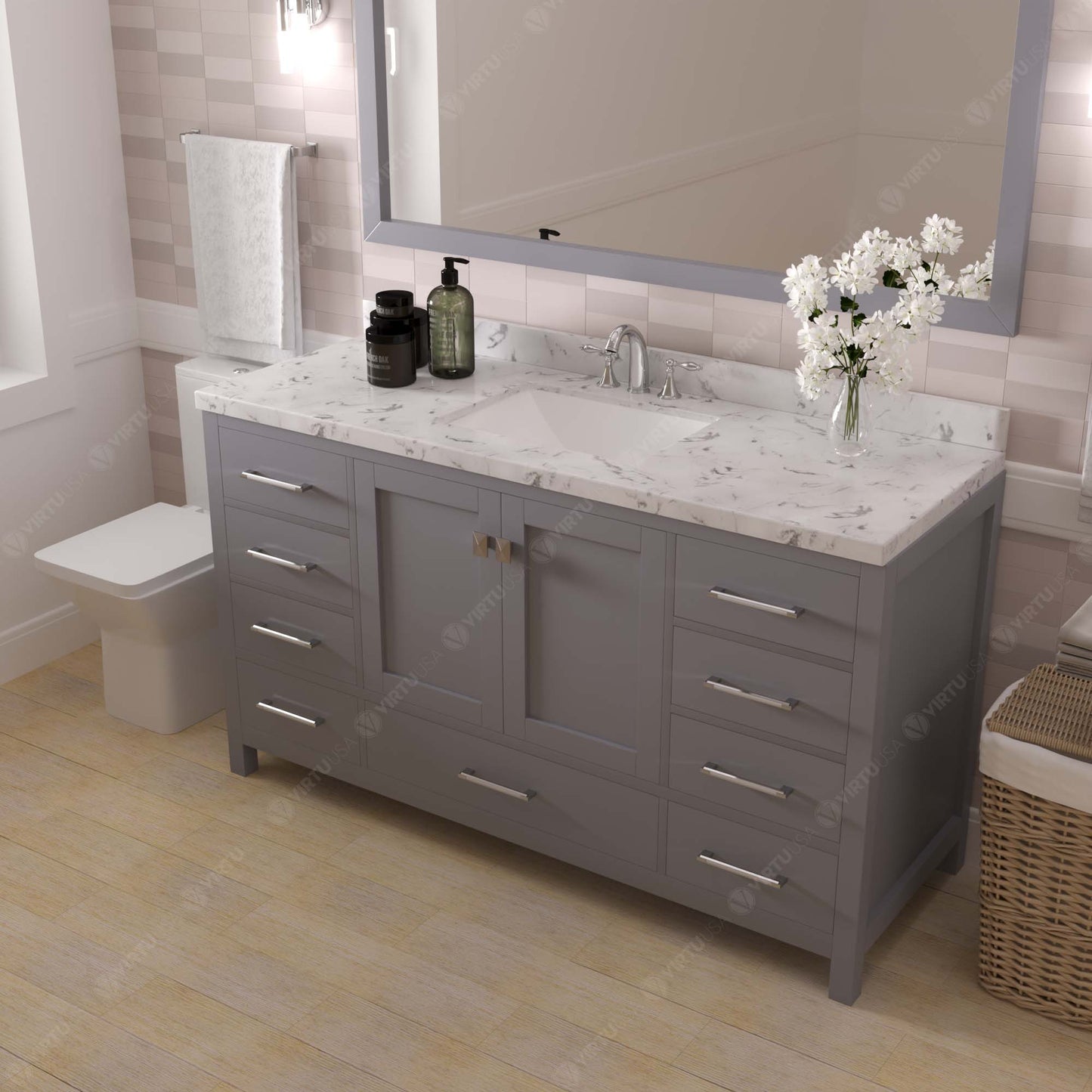Virtu USA Caroline Avenue 60" Single Bath Vanity with White Quartz Top and Square Sink with Polished Chrome Faucet with Matching Mirror - Luxe Bathroom Vanities