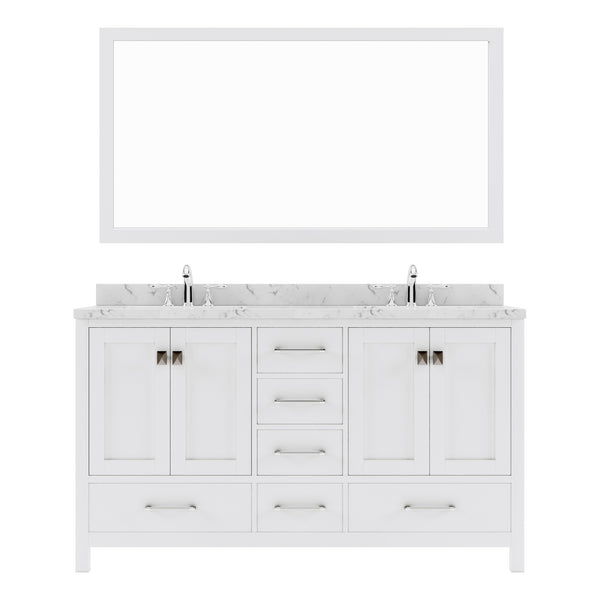 Virtu USA Caroline Avenue 60" Double Bath Vanity with White Quartz Top and Square Sinks with Polished Chrome Faucets with Matching Mirror - Luxe Bathroom Vanities