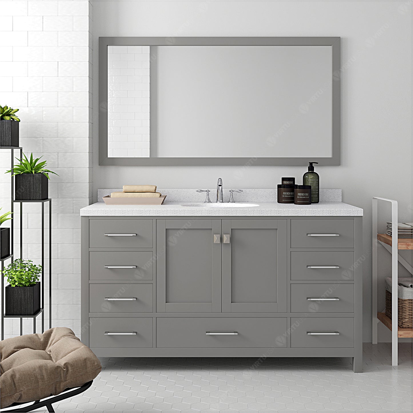 Virtu USA Caroline Avenue 60" Single Bath Vanity in Cashmere Grey with Dazzle White Top and Round Sink with Mirror - Luxe Bathroom Vanities Luxury Bathroom Fixtures Bathroom Furniture