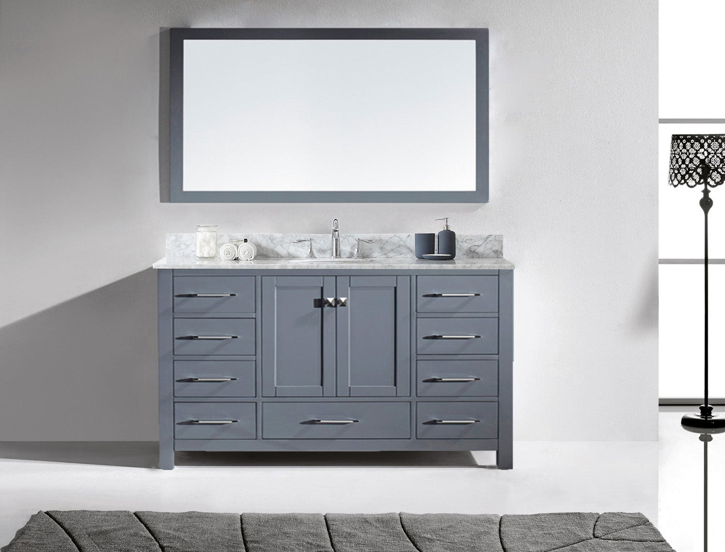 Virtu USA Caroline Avenue 60" Single Bath Vanity with Marble Top and Round Sink with Mirror - Luxe Bathroom Vanities