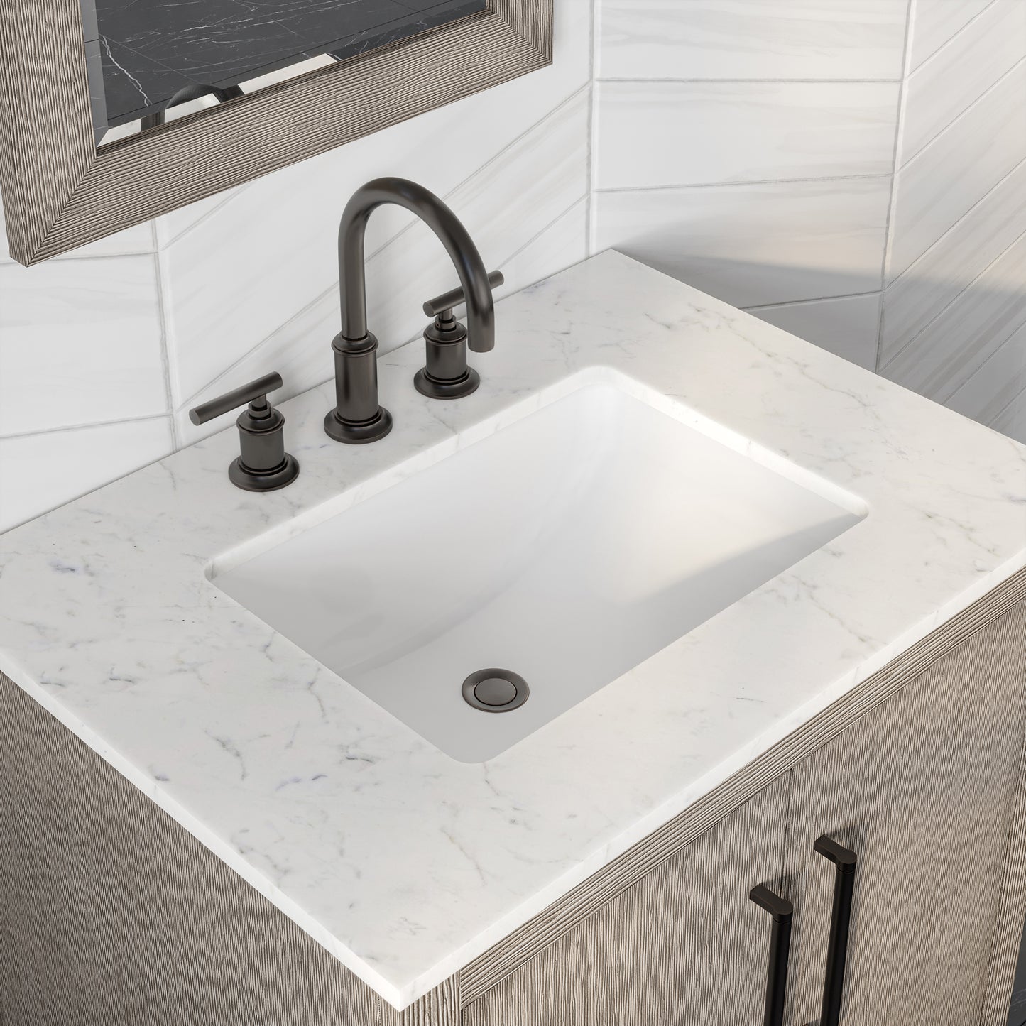 Water Creation Hugo Single Sink Carrara White Marble Countertop Vanity in Grey Oak with Gooseneck Faucet - Luxe Bathroom Vanities