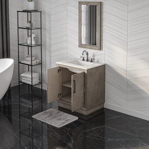 Water Creation Hugo Single Sink Carrara White Marble Countertop Vanity in Grey Oak with Hook Faucet - Luxe Bathroom Vanities