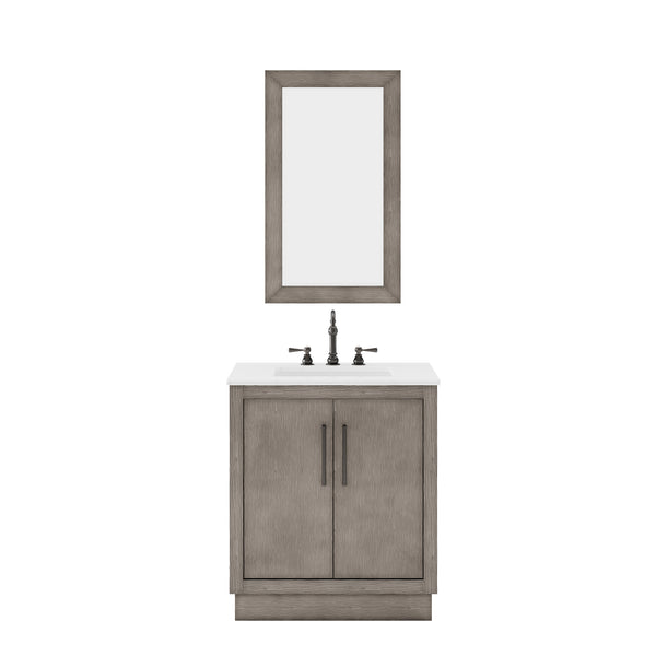 Water Creation Hugo Single Sink Carrara White Marble Countertop Vanity in Grey Oak with Mirror - Luxe Bathroom Vanities