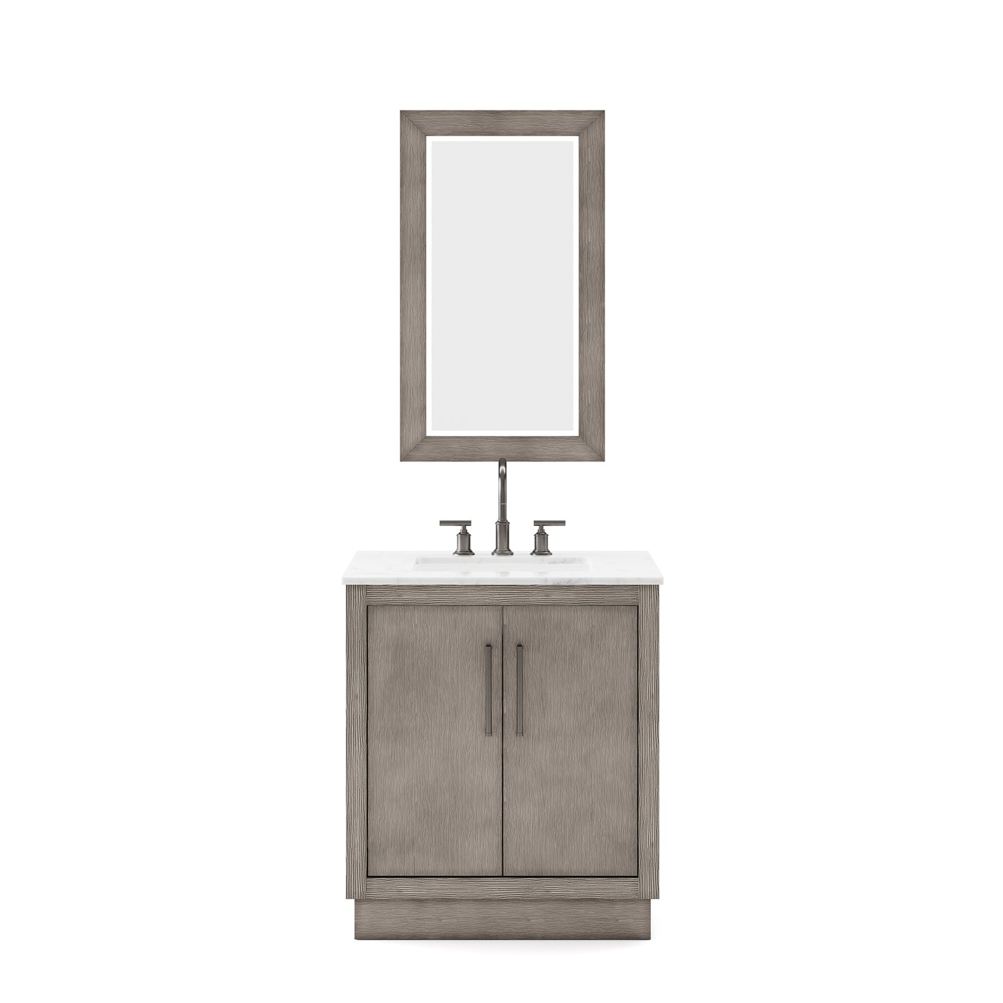 Water Creation Hugo Single Sink Carrara White Marble Countertop Vanity in Grey Oak with Gooseneck Faucet and Mirror - Luxe Bathroom Vanities