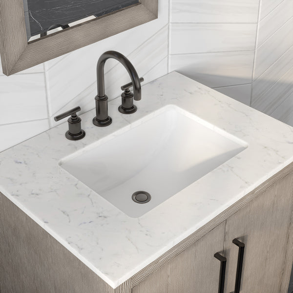 Water Creation Hugo Single Sink Carrara White Marble Countertop Vanity in Grey Oak with Gooseneck Faucet and Mirror - Luxe Bathroom Vanities