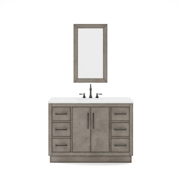 Water Creation Hugo Single Sink Carrara White Marble Countertop Vanity in Grey Oak with Mirror - Luxe Bathroom Vanities