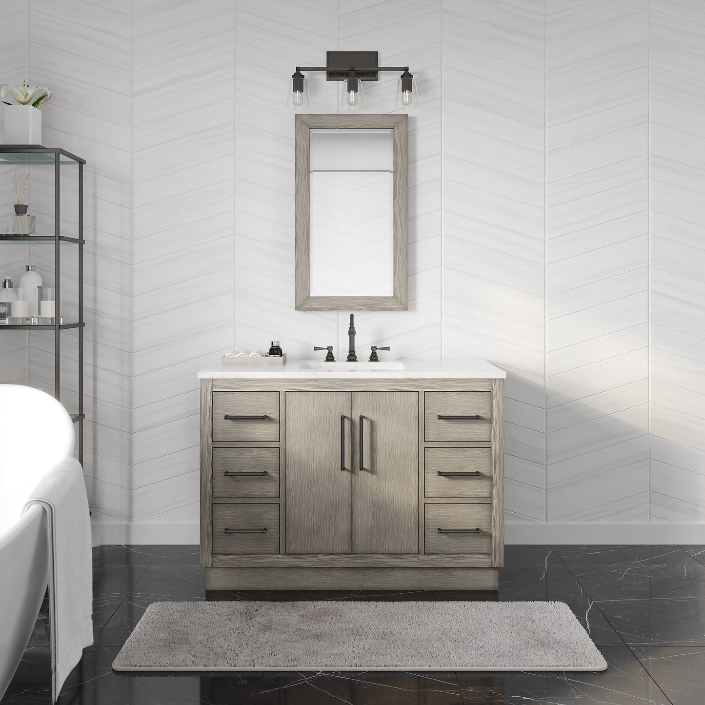 Water Creation Hugo Single Sink Carrara White Marble Countertop Vanity in Grey Oak with Mirror - Luxe Bathroom Vanities