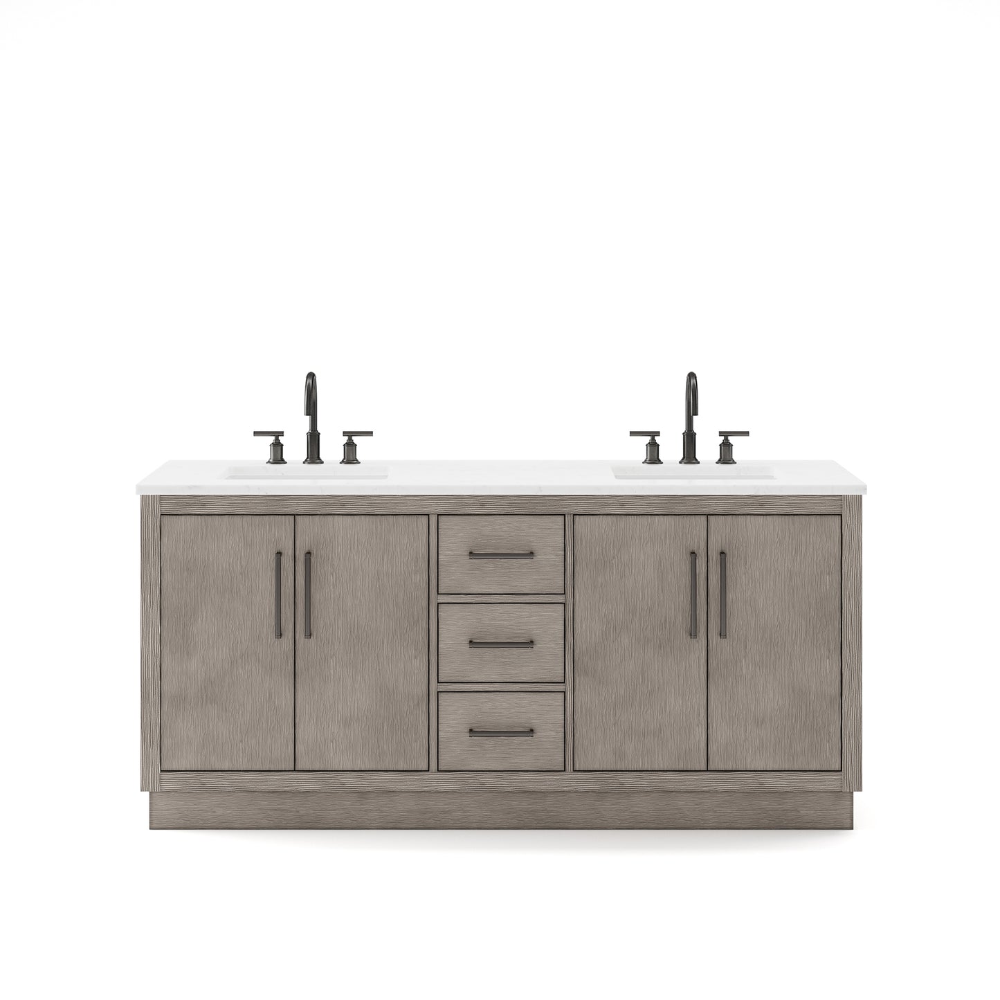 Water Creation Hugo 72" In. Double Sink Carrara White Marble Countertop Vanity in Grey Oak with Gooseneck Faucets - Luxe Bathroom Vanities