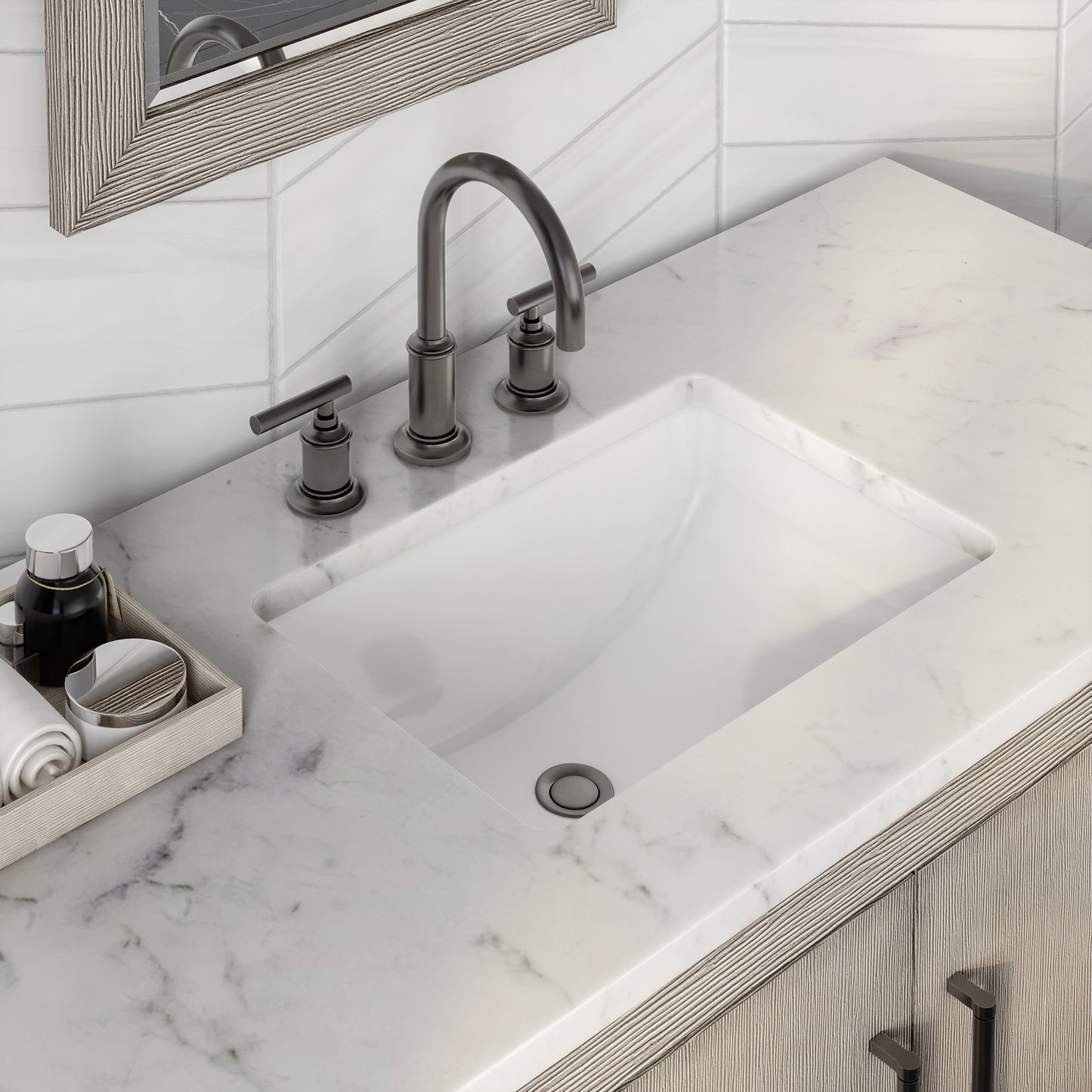 Water Creation Hugo 72" In. Double Sink Carrara White Marble Countertop Vanity in Grey Oak with Gooseneck Faucets - Luxe Bathroom Vanities