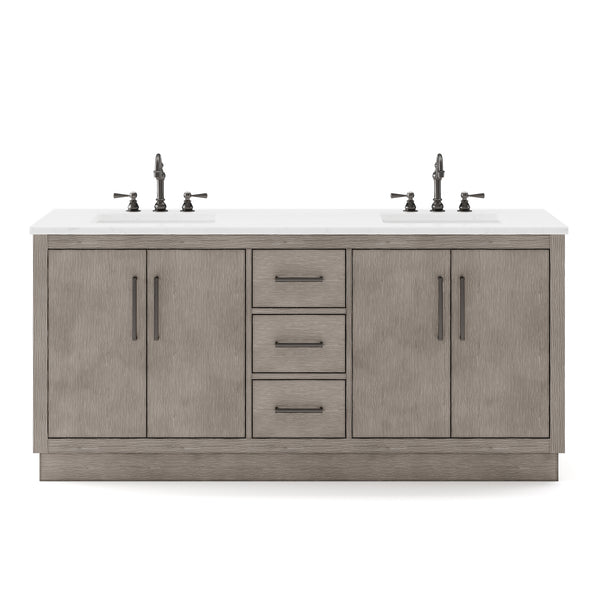 Water Creation Hugo 72" In. Double Sink Carrara White Marble Countertop Vanity in Grey Oak with Hook Faucets - Luxe Bathroom Vanities