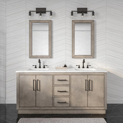 Water Creation Hugo 72" In. Double Sink Carrara White Marble Countertop Vanity in Grey Oak with Hook Faucets - Luxe Bathroom Vanities