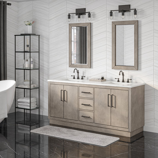 Water Creation Hugo 72" In. Double Sink Carrara White Marble Countertop Vanity in Grey Oak with Hook Faucets - Luxe Bathroom Vanities