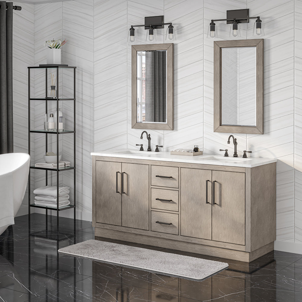 Water Creation Hugo 72" In. Double Sink Carrara White Marble Countertop Vanity in Grey Oak - Luxe Bathroom Vanities